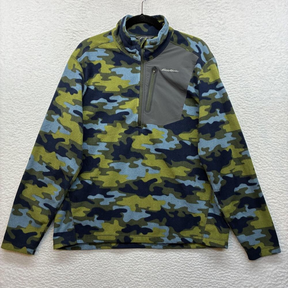 Eddie Bauer Pullover Mens Large Green Camo Fleece 1/4 Zip First Ascent Hiking